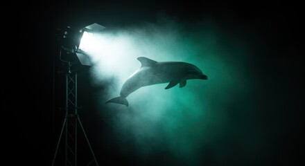 Fototapeta premium Dolphin gracefully leaping through illuminated mist under a spotlight, creating a magical atmosphere - dolphin fish image