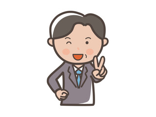 ピースをしてウインクする中年の男性ビジネスマンの上半身イラスト