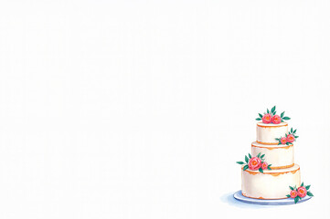 Elegant watercolor wedding cake with floral decorations, celebration, copy space