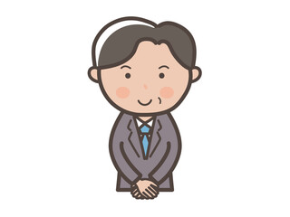 接客ポーズで出迎える中年の男性ビジネスマンの上半身イラスト