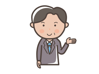 説明や案内をする中年の男性ビジネスマンの上半身イラスト
