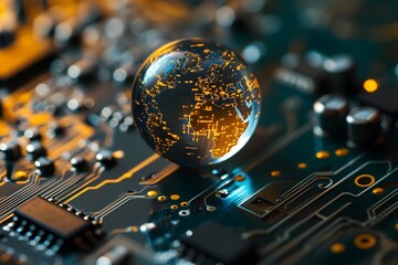 Globe reflecting city lights rests on a circuit board abstract technology concept.