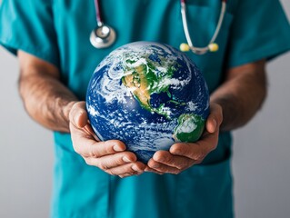A male clinician holding the Earth gently, symbolizing care and unity, World Health Day.