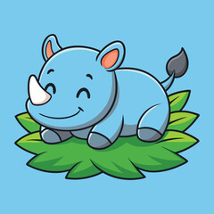 Cute Blue Rhino Cartoon Relaxing On A Green Leaf Illustration Design