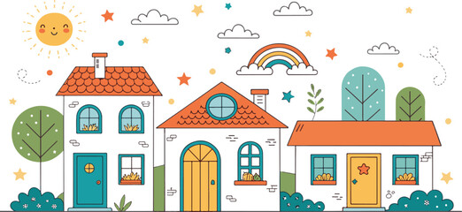 Obraz premium Vector cartoon illustration of houses and a home in a seamless urban city design