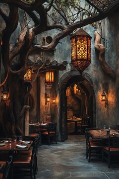Enchanted restaurant patio with a large tree, ornate lanterns, and rustic tables.  Perfect for fantasy, fairytale, or romantic themes.