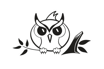 Stylized Black & White Owl Perched on Branch with Leaves & Sharp Beak