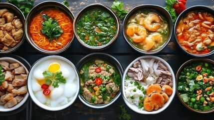 Overhead view of various Asian soups and stews in bowls.