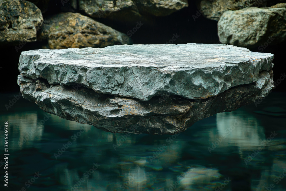 Poster a large, flat rock appears to float serenely above a tranquil, dark-teal pool of water.