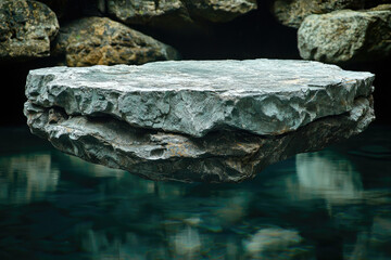 A large, flat rock appears to float serenely above a tranquil, dark-teal pool of water.