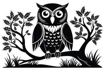 Fototapeta premium Owl Silhouette Sitting on a Tree Branch, Isolated Black and White Design, Detailed Bird