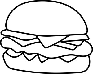 Coloring Page Outline of Cartoon Hamburger. Fast Food. Coloring Book for Kids.