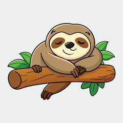 Obraz premium Cute Cartoon Sloth Relaxing On A Branch With Green Leaves Illustration Vector