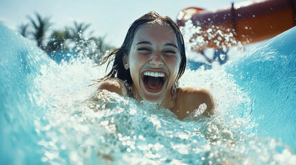 Joyful summer adventure at a water park with a happy woman enjoying the thrilling water slide experience