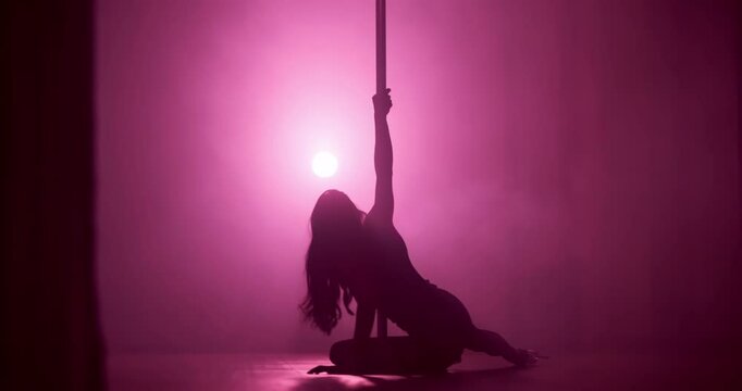 Pole dancing, pink and silhouette of woman in club for performance, talent and choreography. Creativity, aesthetic and person with neon, lights and sensual for confidence, burlesque or entertainment