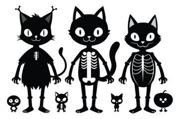 Cartoonish Black Cats With Skeleton Bodies And Small Monsters On White Background