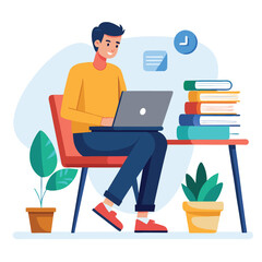 a boy is using his laptop vector