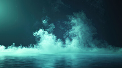 Fototapeta premium Mysterious foggy atmosphere over calm water with glowing teal light