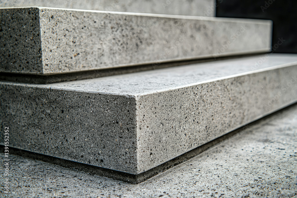 Poster close-up of three concrete steps, showcasing their texture and granular surface.