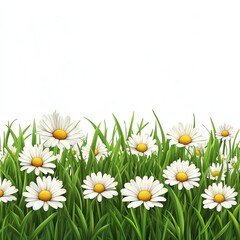 Fototapeta premium White daisies bloom brightly in a lush green grass field creating a cheerful spring scene Perfect for cards and springtime designs