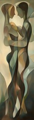 Obraz premium Abstract painting of two figures embracing, conveying intimacy and connection through fluid forms and muted earth tones.