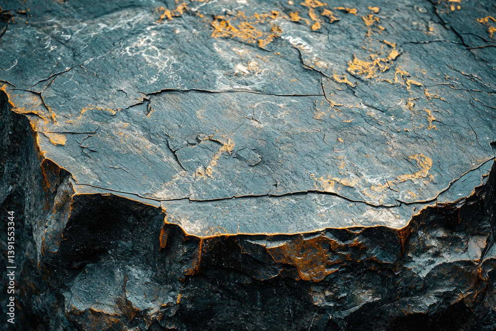 Poster close-up of a dark, textured rock surface with cracks and hints of gold, showing natural weathering.