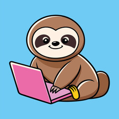 Fototapeta premium Cute Sloth Using Pink Laptop Cartoon Character Icon On Blue Background