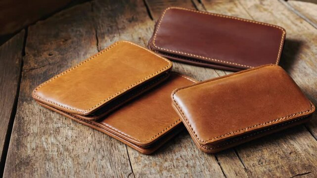 Elegant leather wallets arranged on rustic wooden surface highlighting craftsmanship and texture