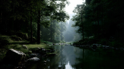 Obraz premium Serene River Through Dark Forest