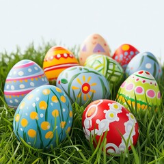 Colorful hand painted Easter eggs nestled in green grass create a cheerful spring scene Perfect for Easter cards and spring celebrations