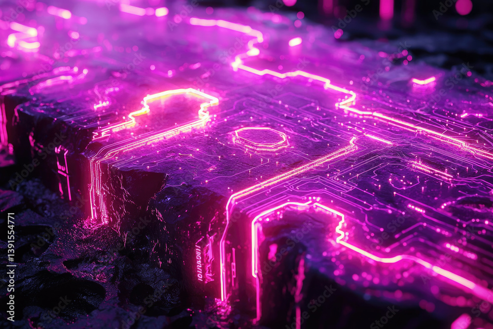Poster neon pink circuit board embedded in dark stone, futuristic tech aesthetic.