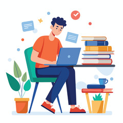 a boy is using his laptop vector