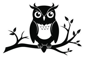 Silhouette Owl Perched on Branch, Bold Lines, Wing Detail, Black on White, Isolated