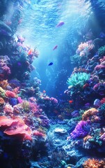 Obraz premium Vibrant underwater scene showcasing a thriving coral reef teeming with colorful fish. Sunbeams illuminate the crystal-clear water, creating a magical atmosphere.