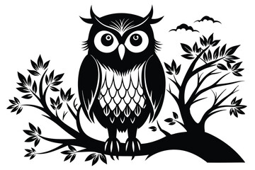 Silhouette of Standing Owl with Tree Branches and Leaves Patterned Design