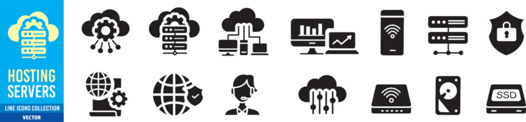 Hosting servers editable line icons set. Vector icons collection illustration.
