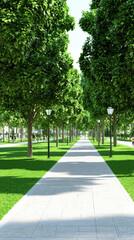 Obraz premium serene park pathway lined with lush green trees and lampposts, inviting visitors to explore beauty of nature
