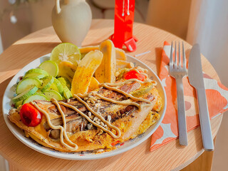 Eggplant omelette with vegetables for breakfast. Delicious food. Cooking recipes. Bruch menu. Healthy recipes. Easy home cooking. Diet food dish. High Protein.  Breakfast tray.Fluffy omelet. 