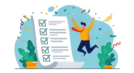 Task completaion, business illustration ofa man celebrate target achievement 