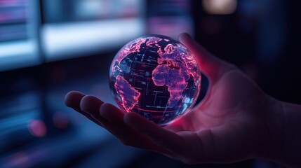 Human hand holds glowing digital globe with neon pink circuitry over dark blurred screens, symbolizing connected global data systems. Concept of digital globalization and cyber infrastructure