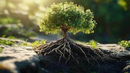 majestic tree with sprawling branches and radiant sun shining through its leaves creates serene and uplifting atmosphere.