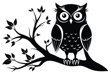 Obraz premium Stylized Owl Silhouette on Branch, Bird with Big Eyes, Black and White