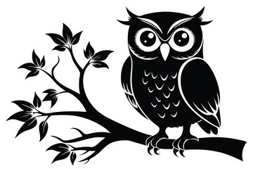 Black Silhouette of Owl Perched on Branch with Leaves, Wildlife Illustration, Bird Icon