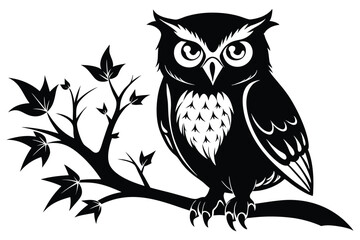 Stylized Owl Silhouette Sitting on Branch with Leaves. Isolated Black and White Design