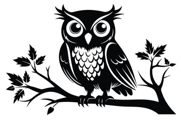 Black Silhouette of an Owl Perched on Tree Branch with Leaves in Detailed Style