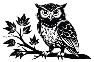 Stylized Owl Perched on Branch, Black and White Illustration, Decorative Bird Art