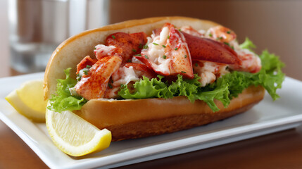  fresh lobster roll, p: a close-up of a new england-style lobster roll,