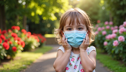 Child wearing a mask showing surprise in a flower garden  