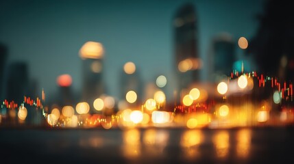 A blurred cityscape at night with colorful lights, overlaid with a digital graph representing data trends.