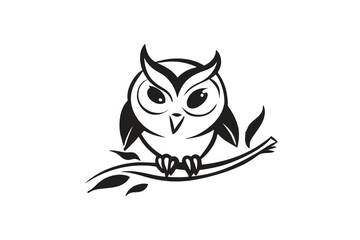 Minimalist Owl Cute Bird on Branch Silhouette Design for Print